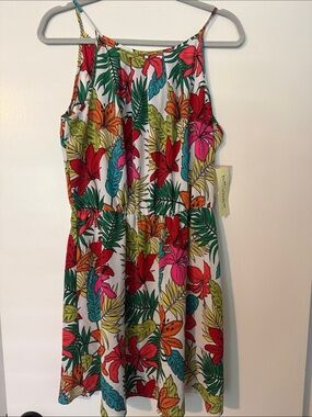 Tacera White Mini Dress with Red Pink Orange Yellow & Green Tropical Print